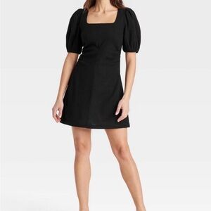 Elegant plus size  Black Puff Sleeve linen Dress